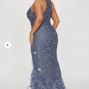 Embellished Slate Blue Sequin Gown with Feather Hem
